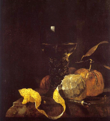 Still life with lemon, oranges and glass